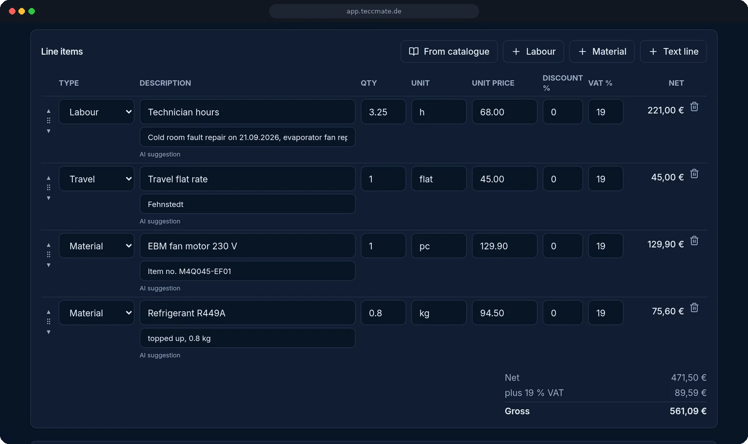 Invoice lines with AI suggestion: labour hours, travel, fan motor and refrigerant