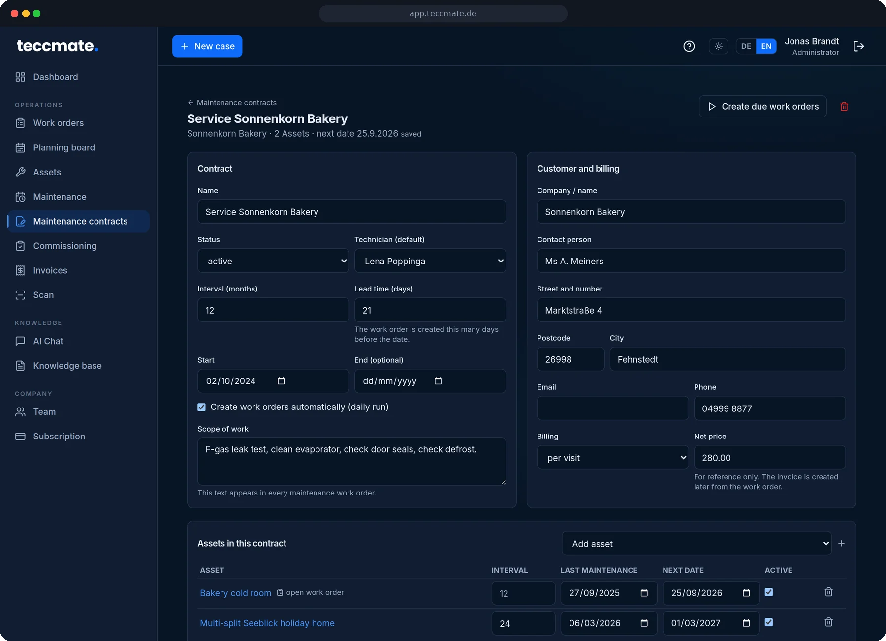 One contract, all of the customer's units. Interval, lead time, scope of work and price in one place. The daily run takes care of the rest.